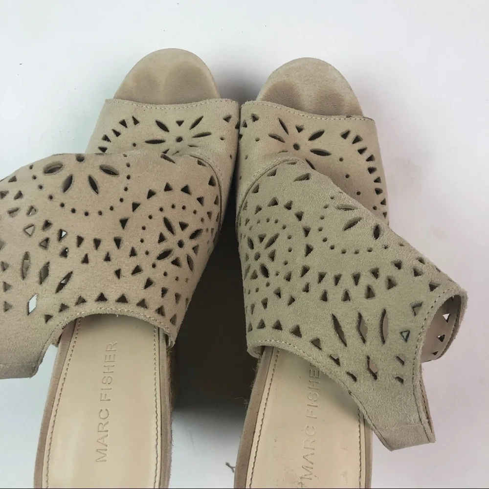 Marc Fisher Harlea Perforated Suede Wedge Espadrille Sandals beige tan neutral